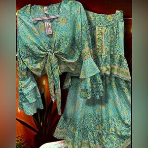 India Boutique Teal and Yellow Paisley Bohemian style Long Sleeve top and skirt